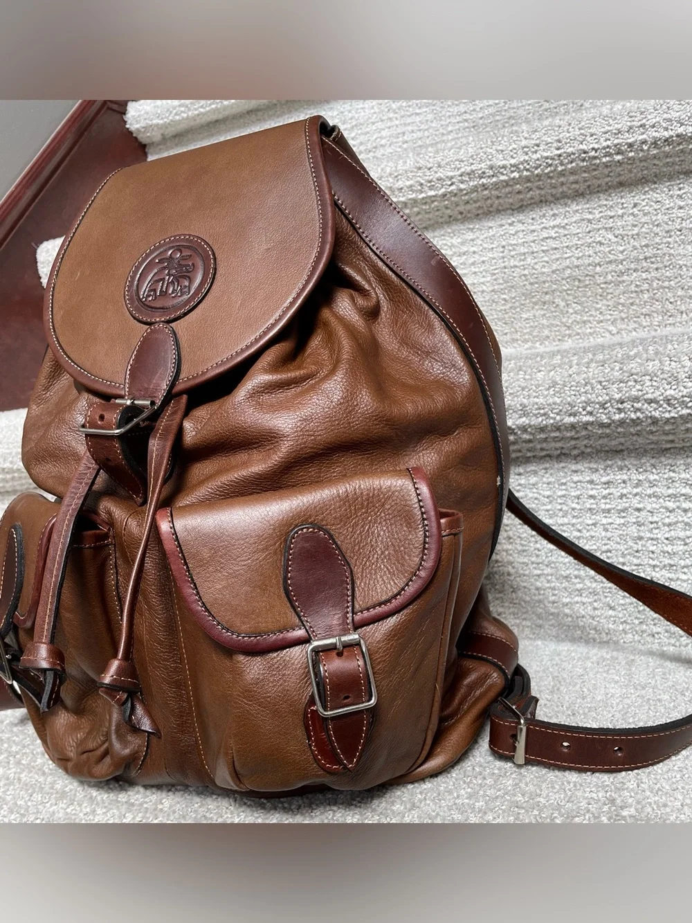 Vintage Artisan Brown Leather Backpack Embossed Crocodile/Alligator Emblem